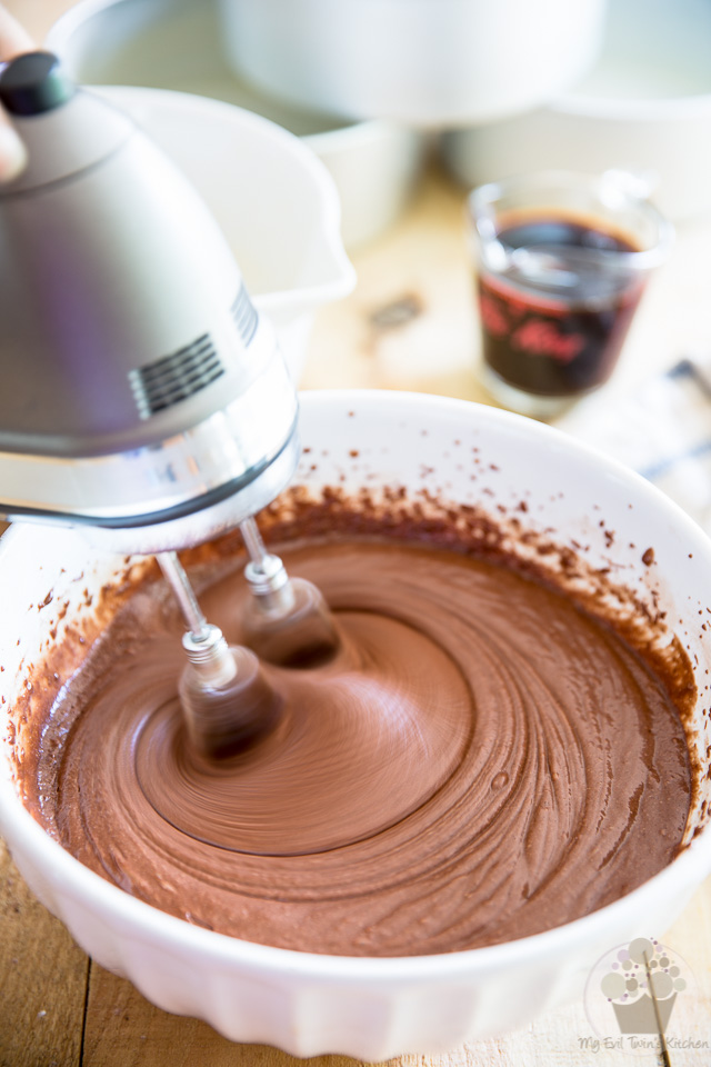 Mixing liquid and dry - part of Devil's Food Cake step by step instructions