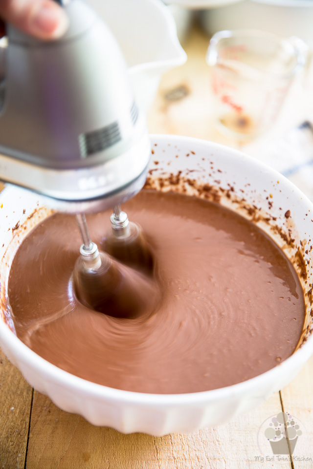 Giving the batter a final mix - part of Devil's Food Cake step by step instructions