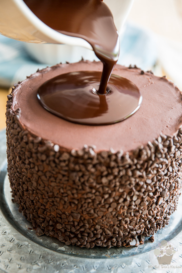 Pouring the ganache over the cake - part of My Evil Twin's Kitchen's Wicked Windmill Chocolate Cake step-by-step instructions