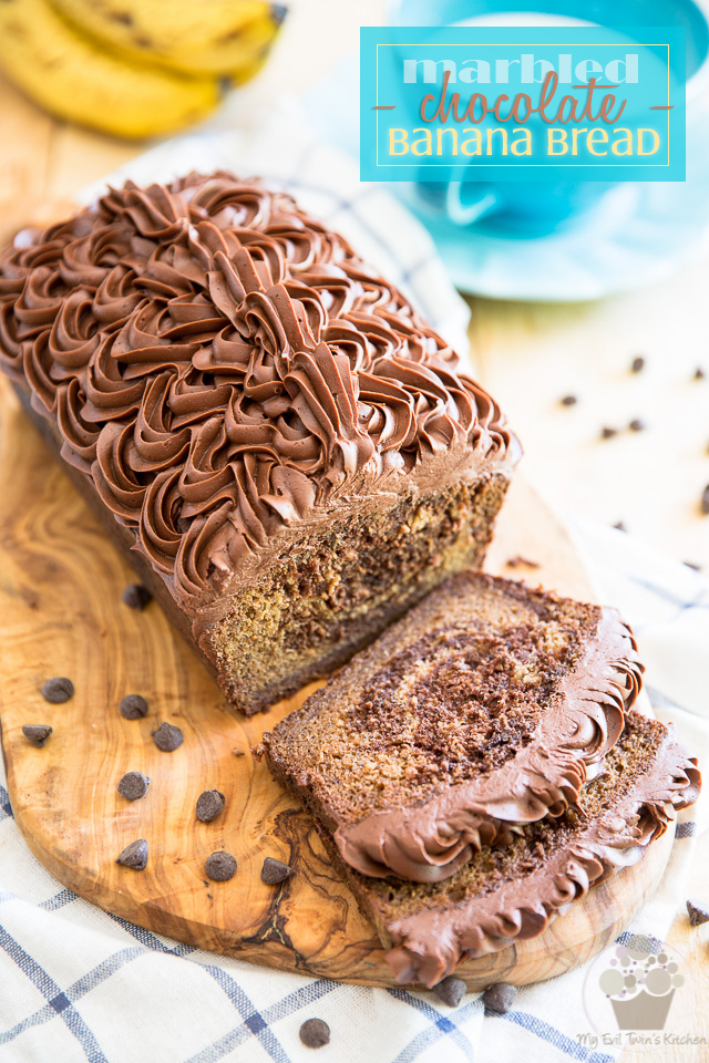 Banana Bread... boring, right? NOT if you kick it up a notch or twelve and turn it into a Marbled Chocolate Banana Bread and top it with a thick layer of rich, dense and super fudgy Chocolate Cream Cheese Frosting!