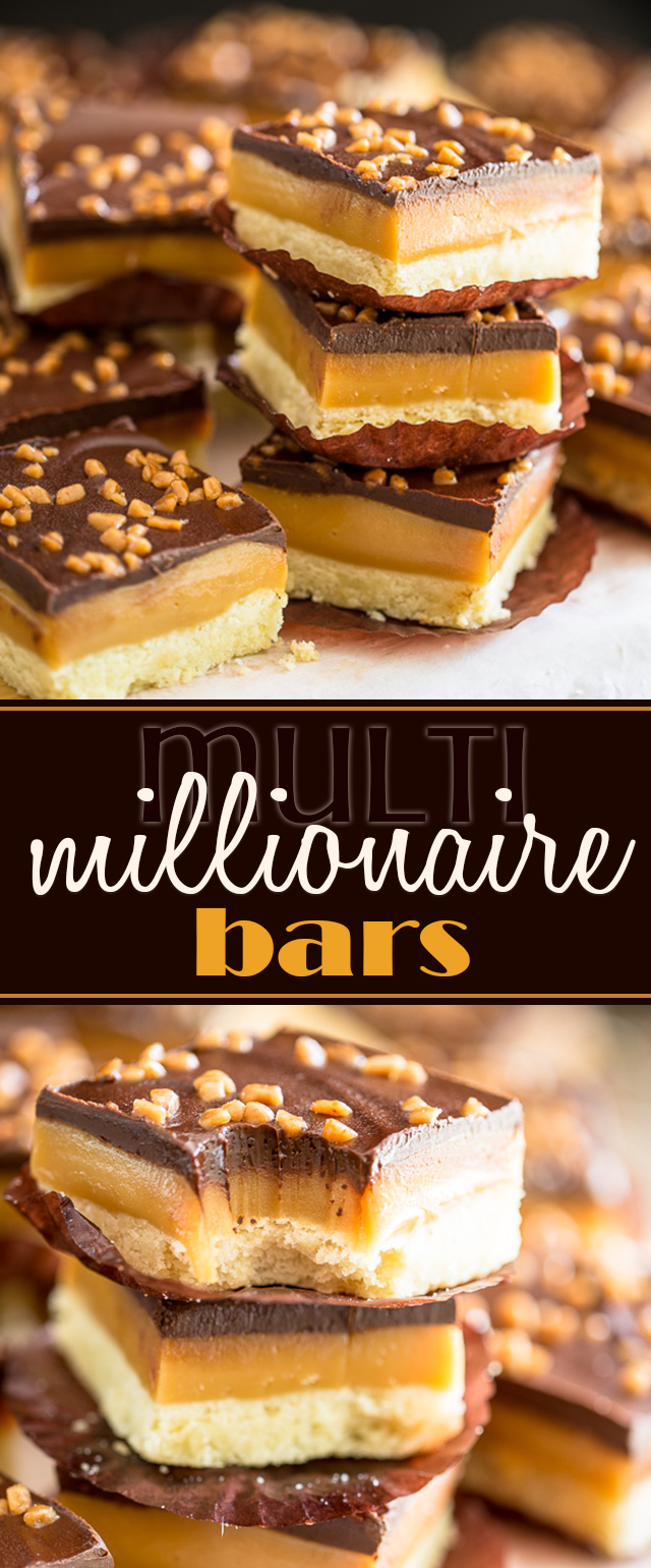 A soft and buttery shortbread cookie topped with a thick layer of creamy, chewy caramel and tasty dark chocolate, these multi millionaire bars will make you feel like you've just won the lottery! 