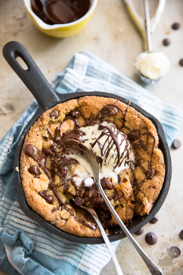 Soft, crispy, ooey, gooey and deliciously sweet, this adorable little Chocolate Chip Skillet Cookie is just the perfect size to be shared with your favorite someone... or not! 