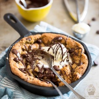Soft, crispy, ooey, gooey and deliciously sweet, this adorable little Chocolate Chip Skillet Cookie is just the perfect size to be shared with your favorite someone... or not!