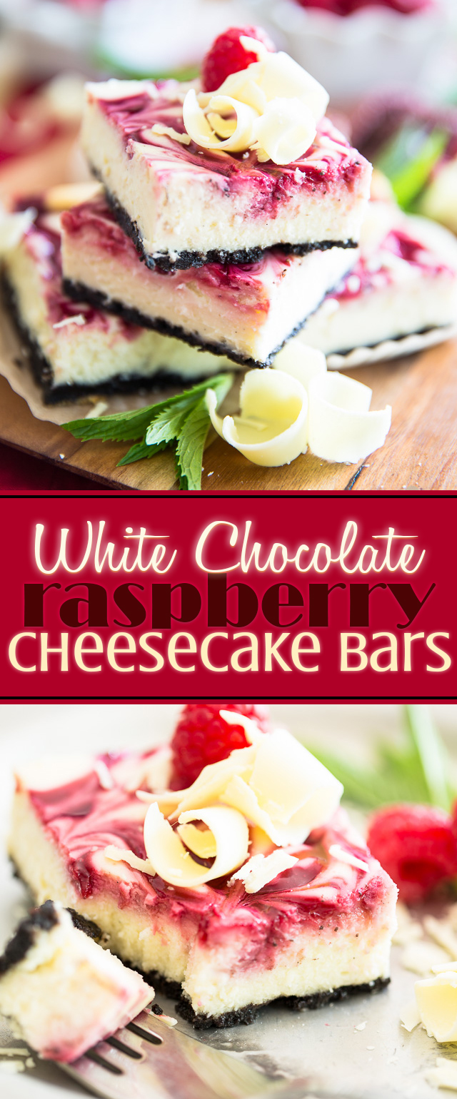 An irresistibly delicious combination of sweet Oreo cookie crust, creamy white chocolate cheesecake and a beautiful swirl of raspberry puree.