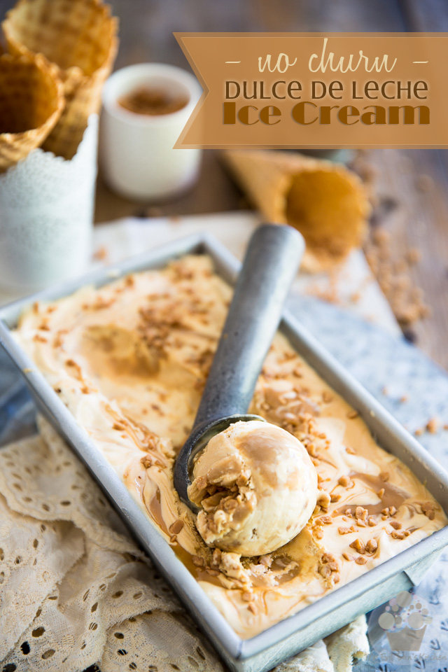 This heavenly No Churn Dulce de Leche Ice Cream is rich and creamy, loaded with delicious swirls of sweet caramel and crunchy toffee bits. What's best is it's super easy to make and doesn't require an ice cream machine. 