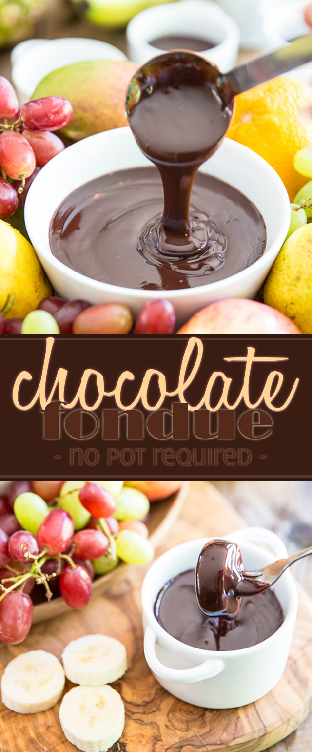 Ready in mere minutes, this heavenly creamy and velvety chocolate fondue doesn't require a fondue set to keep a perfectly smooth, thick and dippable consistency.