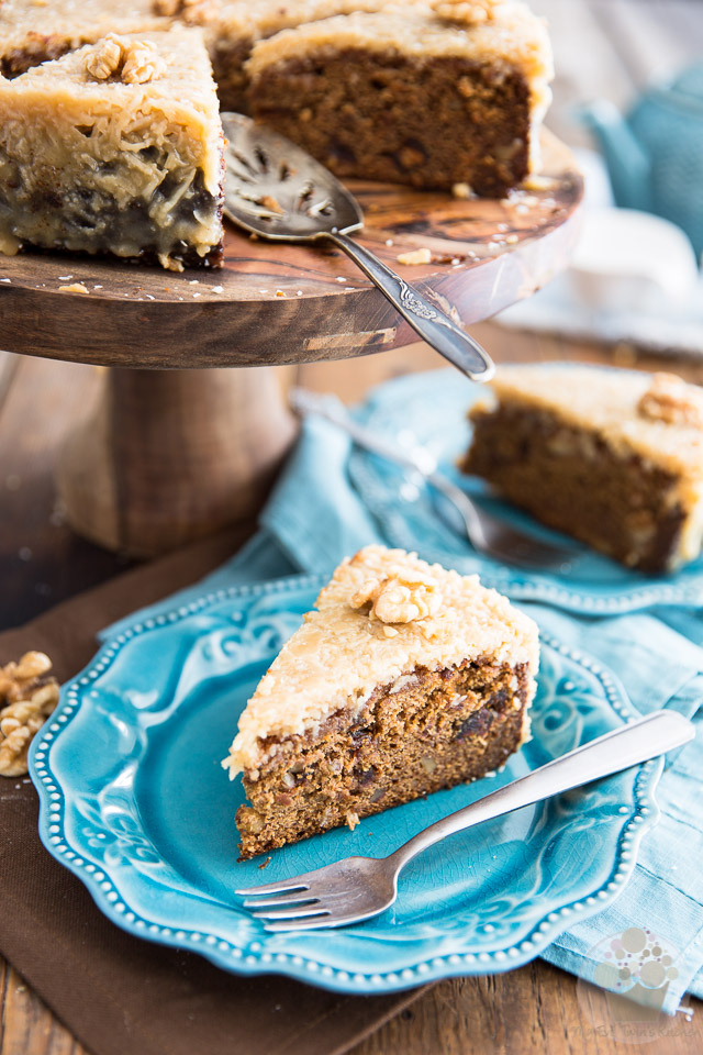 Queen Elizabeth Cake is a dense and buttery cake made rich thanks to the addition of dates and nuts and topped with a delicious brown sugar coconut frosting.