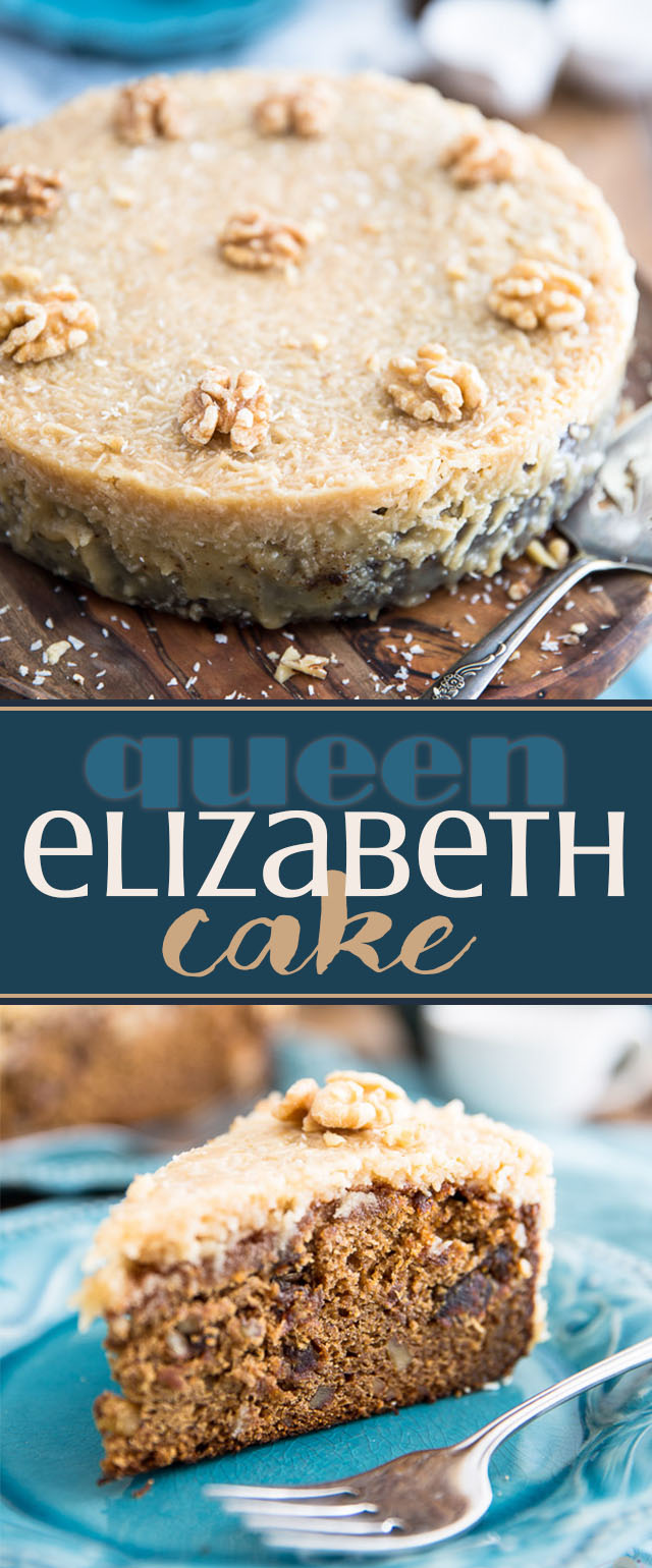 Queen Elizabeth Cake is a dense and buttery cake made rich thanks to the addition of dates and nuts and topped with a delicious brown sugar coconut frosting. 