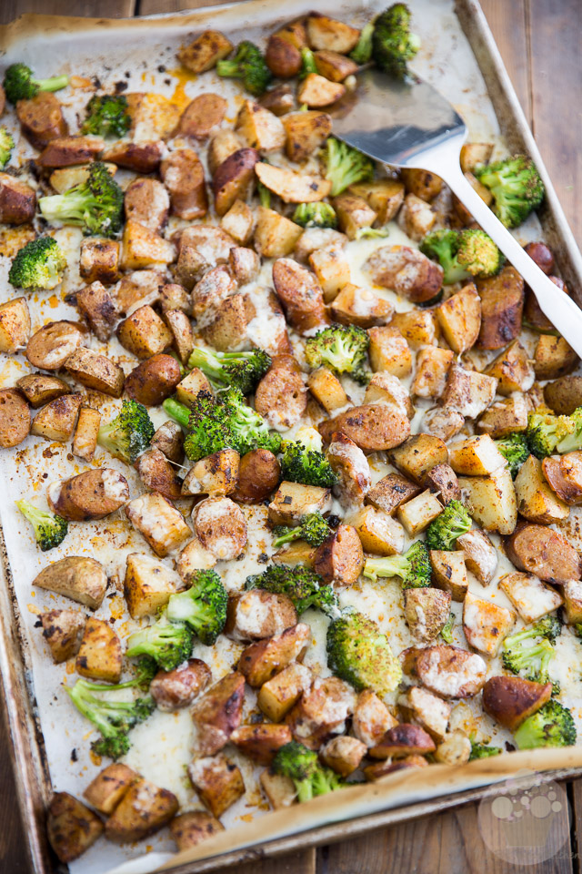 Sheet Pan Cheesy Roasted Potatoes and Sausage by My Evil Twin's Kitchen | Recipe on eviltwin.kitchen