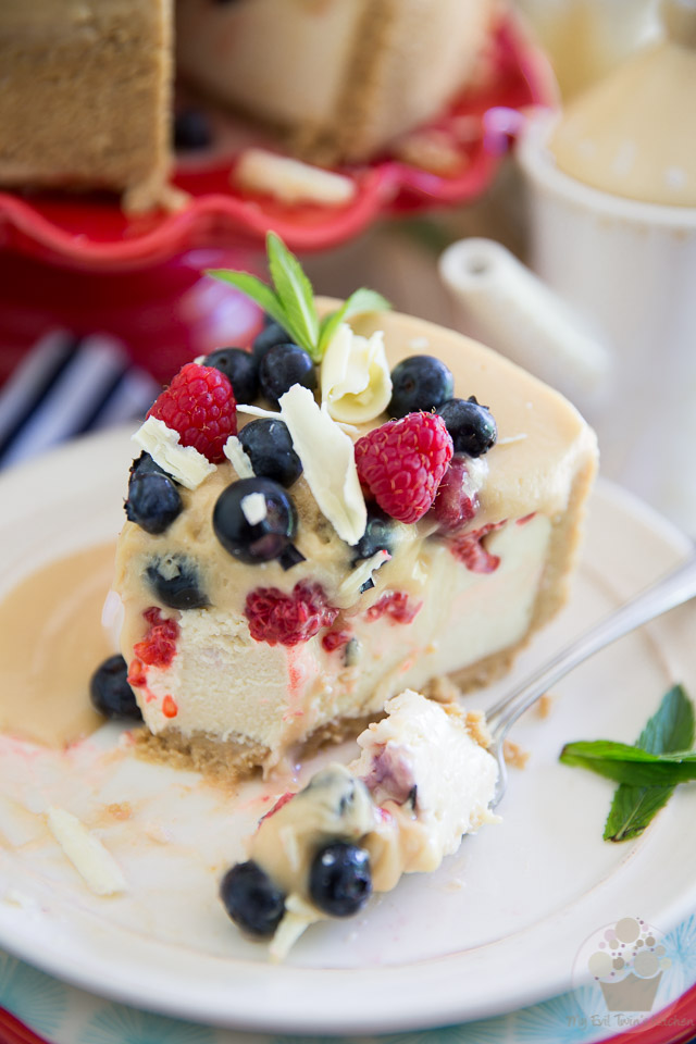 A tangy no-bake cheesecake nestled in a maple cookie crust, topped with fresh berries buried under a thick layer of creamy maple fudge. This No-Bake Maple Fudge Berry Cheesecake is totally worth sinning for!