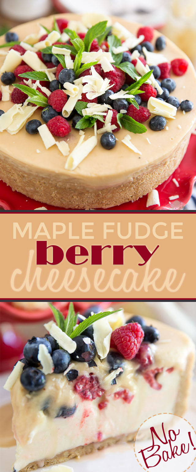A tangy no-bake cheesecake nestled in a maple cookie crust, topped with fresh berries buried under a thick layer of creamy maple fudge. This No-Bake Maple Fudge Berry Cheesecake is totally worth sinning for!