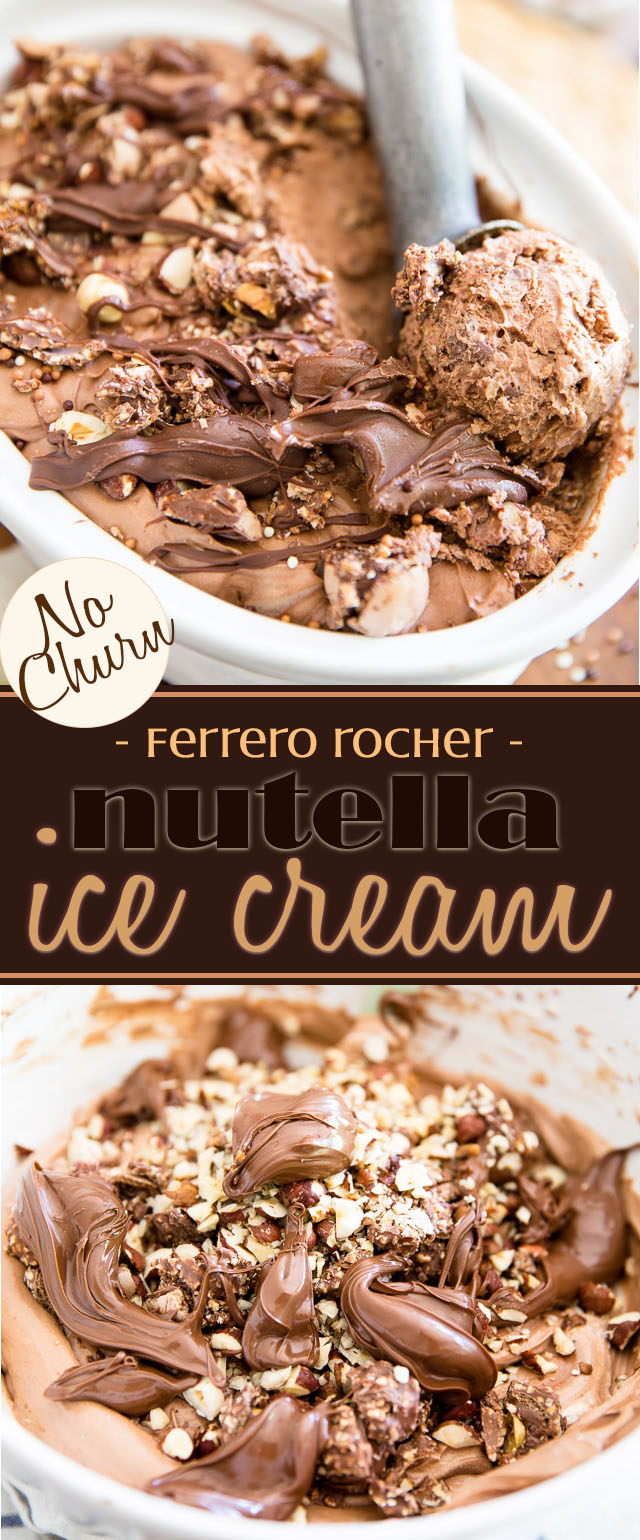 This No Churn Ferrero Rocher Nutella Ice Cream is wickedly rich and creamy, and loaded with pieces of hazelnuts, chocolate and swirls of frozen Nutella.
